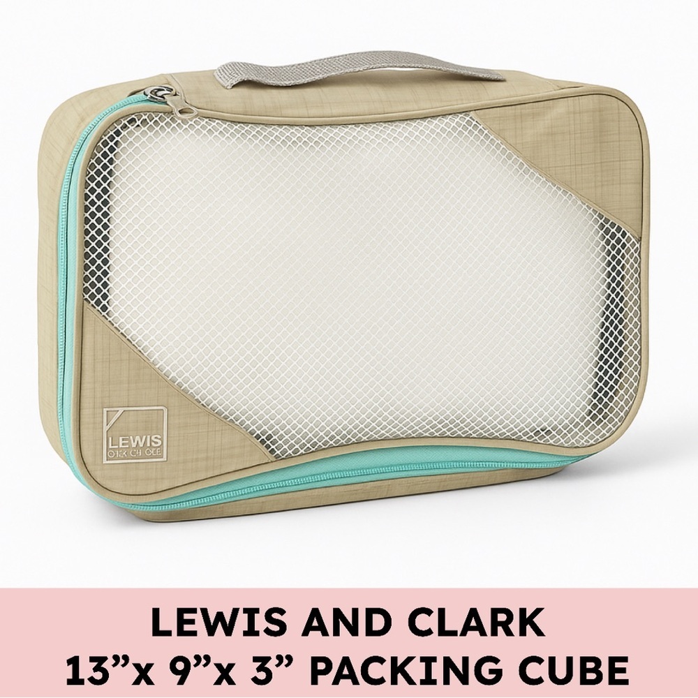 Lewis N. Clark Mesh Packing Cube Travel Organizer Beige/Aqua Medium 13”× 9”x 3”